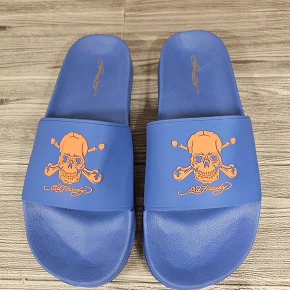 Ed Hardy Darkness Skull Slides Sandal Blue/Orange - EH9041F- Men\'s Size 10 - NEW